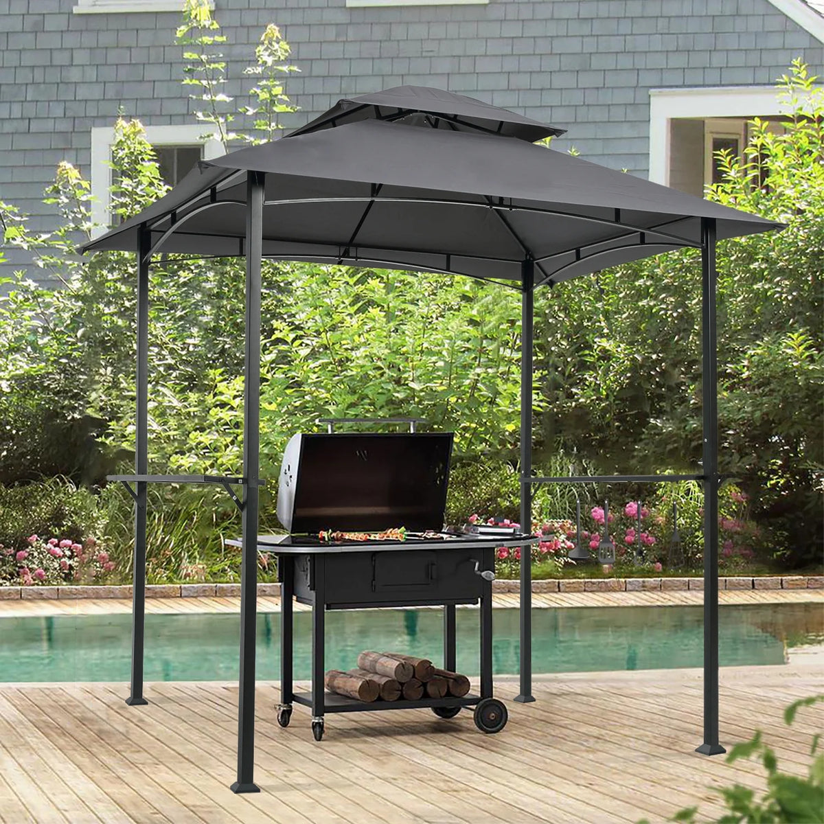 Double Tier Steel Frame BBQ Grill Gazebo Canopy with Bar Counters M814368