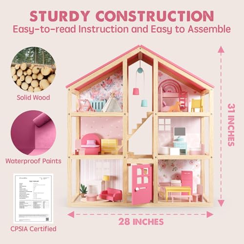 Wooden Dollhouse with 31Pcs Furniture Accessories D8240