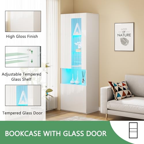 White High Gloss Entertainment Center with LED Lights, 40" Electric Fireplace, 2 Bookcases with Glass Doors B335557