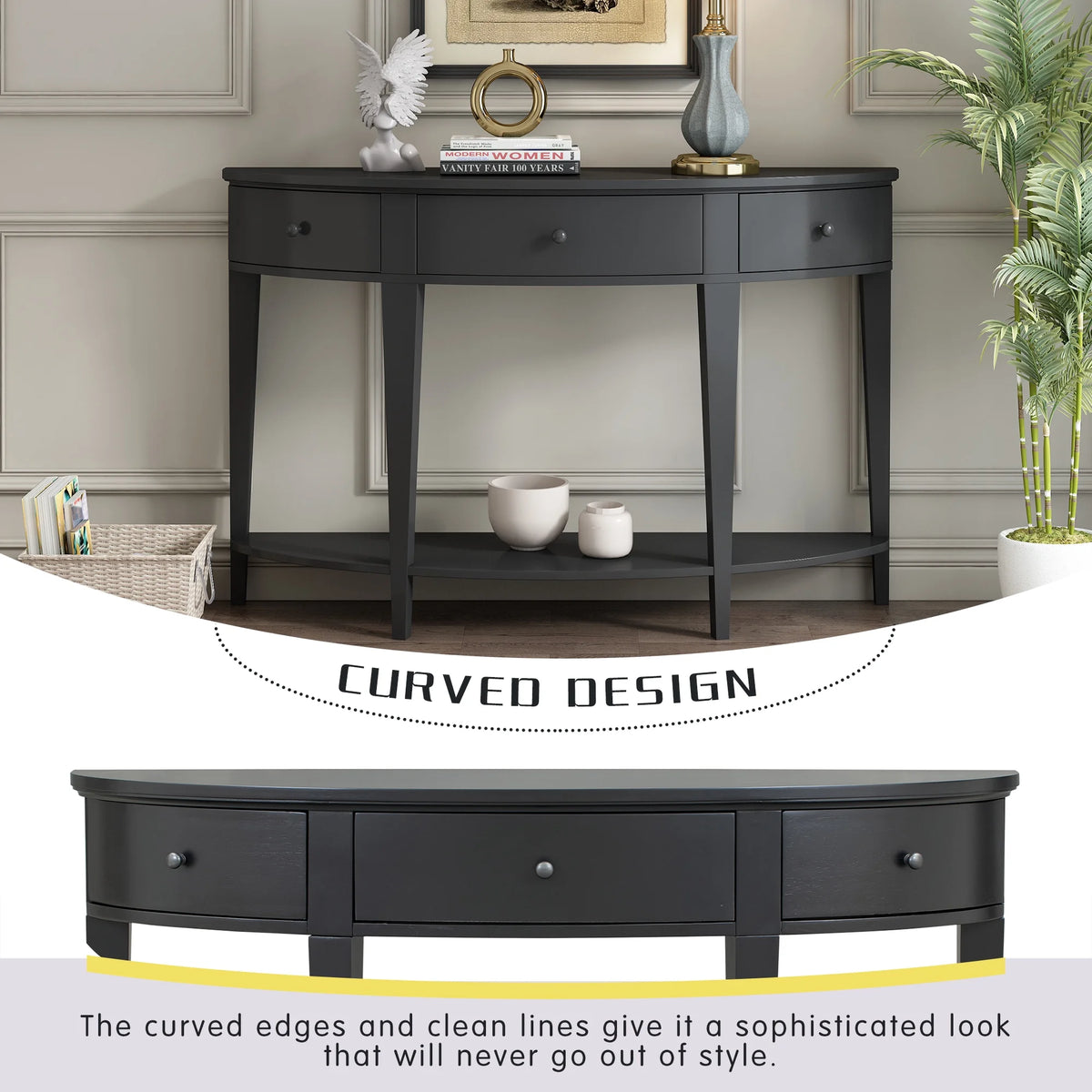 Black Curved Console Table with 3 Drawers C26194