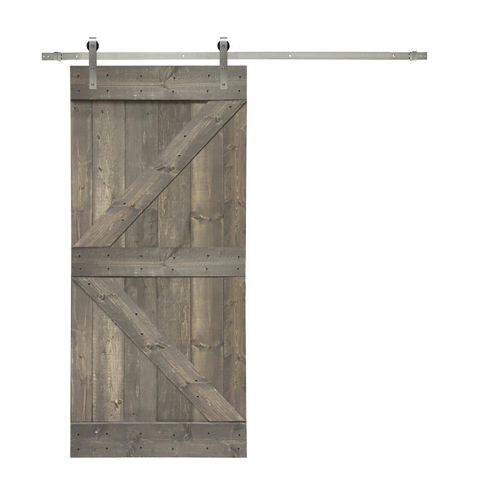 36 in. x 84 in. Gray Stained Knotty Pine Wood Interior Sliding Barn Door with Hardware Kit W7201