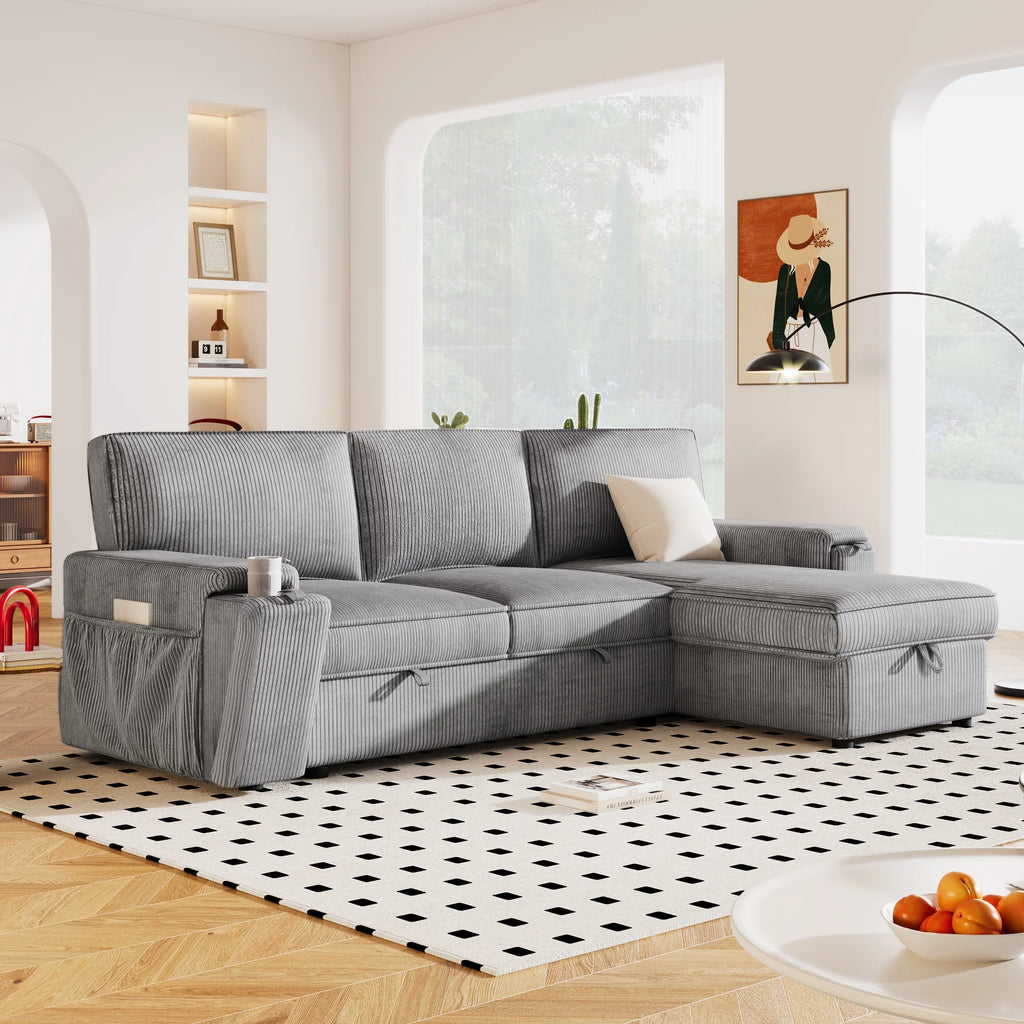 5 Seat Corduroy Fabric Sleeper Sectional Sofa with Storage Ottomans E2335