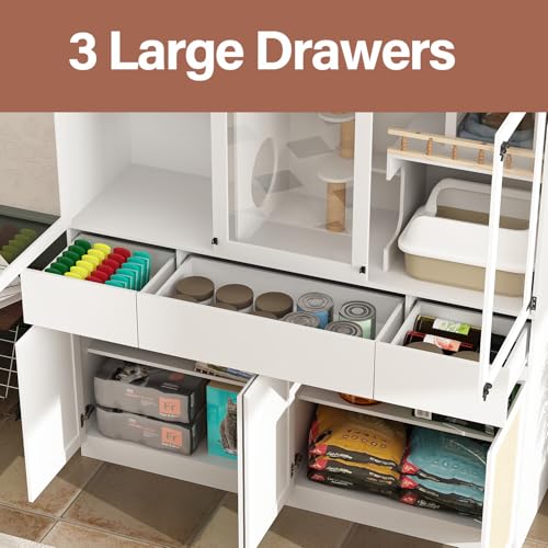 White Cat Litter Box Enclosure with Scratch Post, Stairs, Storage Drawers, Shelves, Sisal Doors E28383