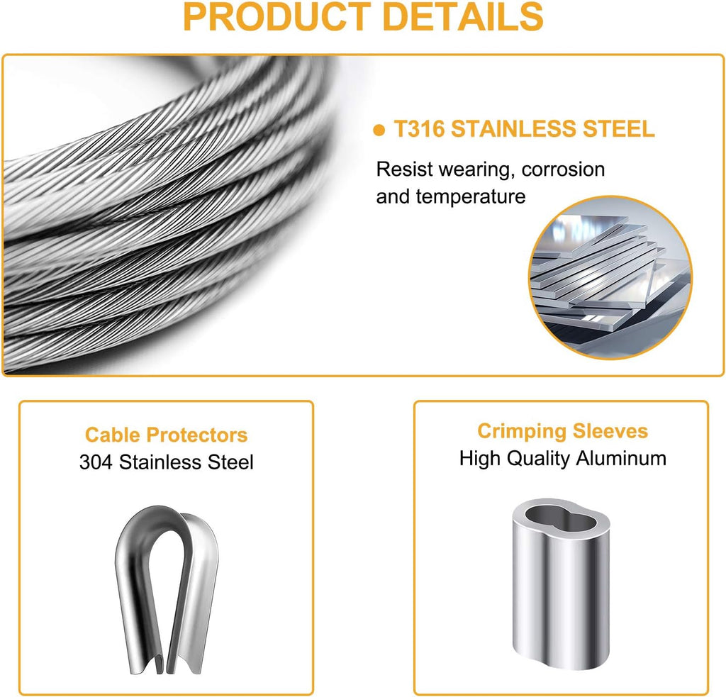 1/8 inch T316 Stainless Steel Cable Railing Kit with Crimp Sleeves and Thimble D100