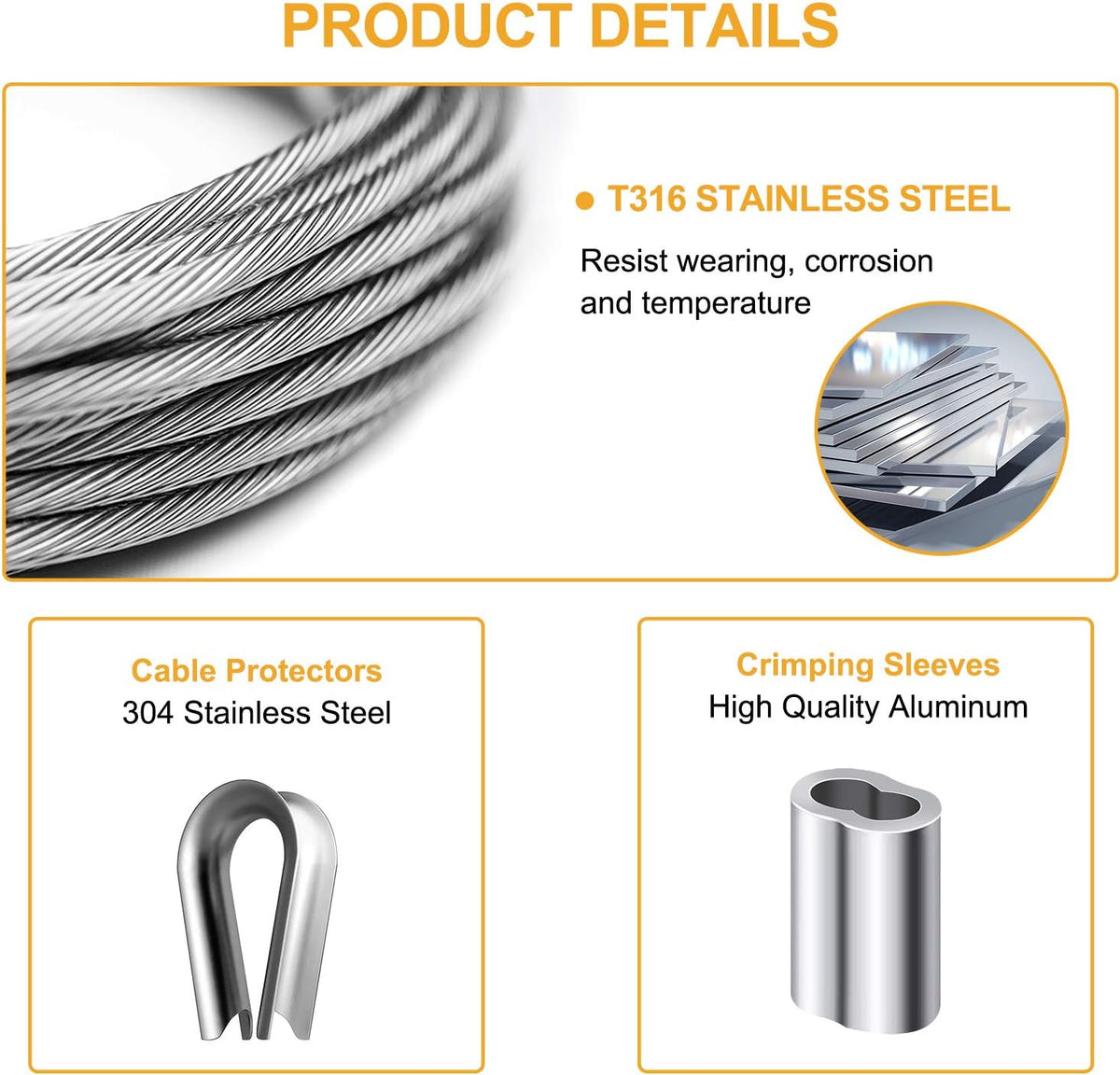 1/8 inch T316 Stainless Steel Cable Railing Kit with Crimp Sleeves and Thimble D100
