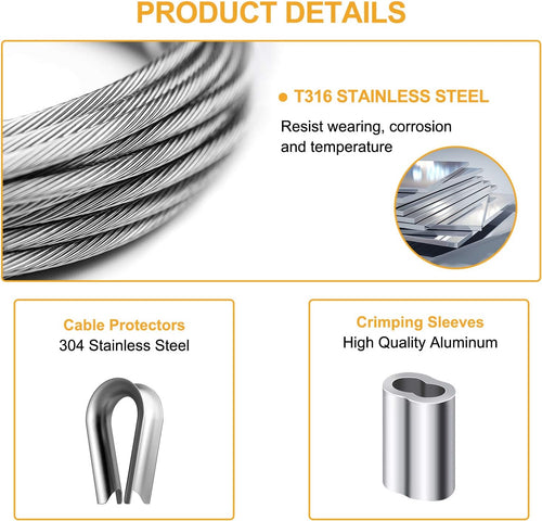1/8 inch T316 Stainless Steel Cable Railing Kit with Crimp Sleeves and Thimble D100