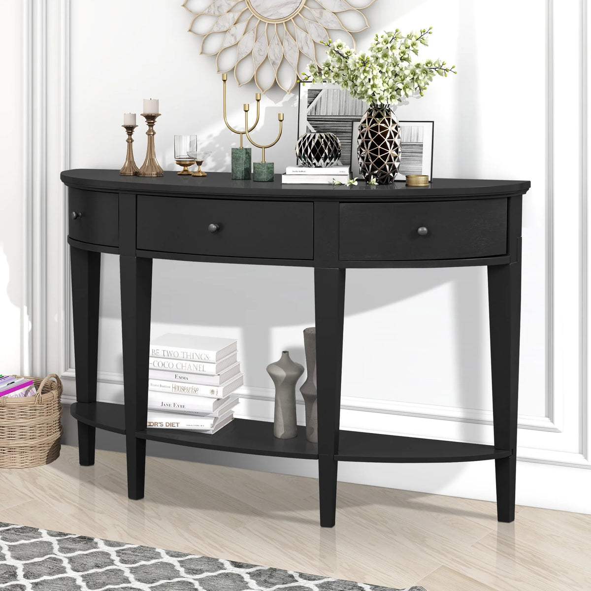 Black Curved Console Table with 3 Drawers C26194