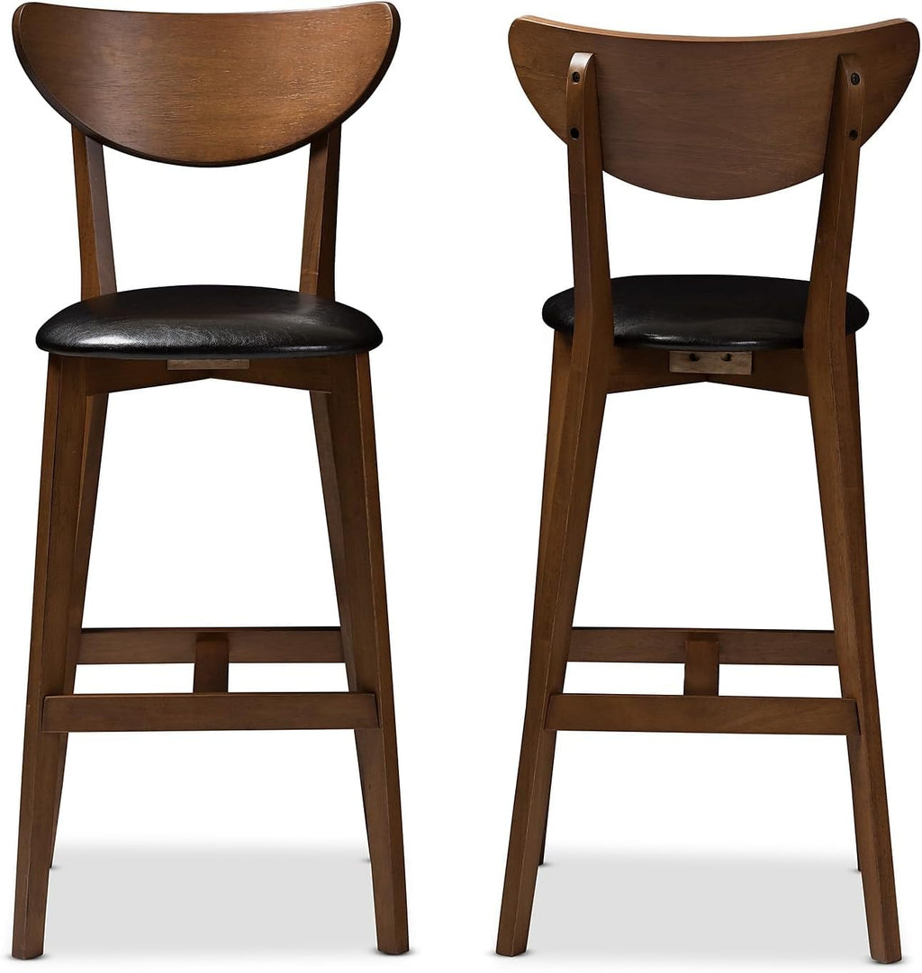 Faux Leather Stool with Back, Black and Walnut Brown, 2-Pieces/Set U9239