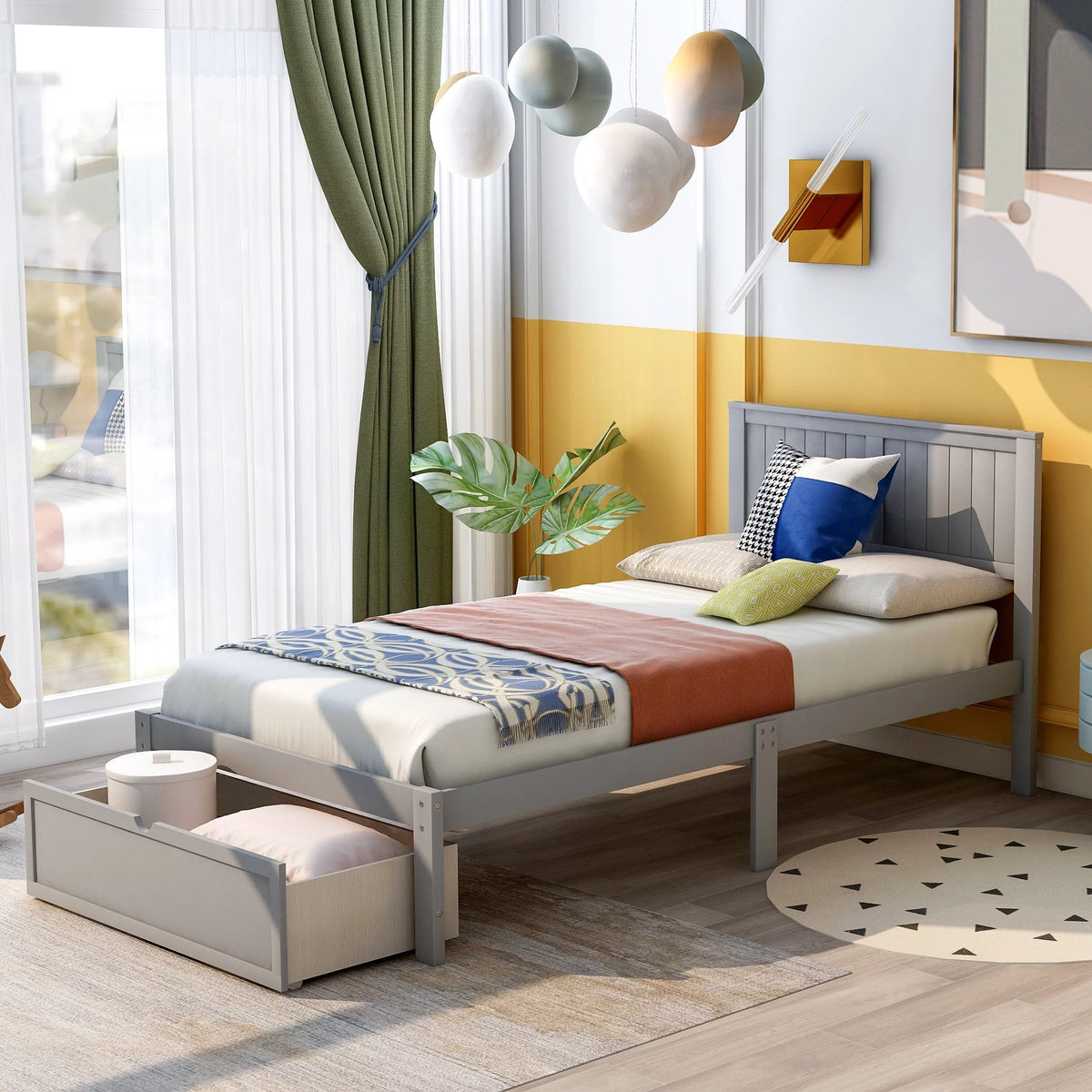 Twin Wood Platform Bed with Headboard & Storage Drawer A459039