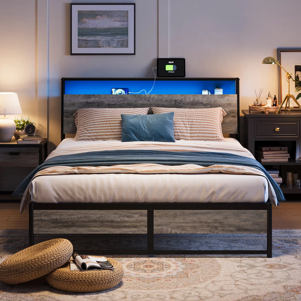Full Size Platform Bed Frame with Headboard and Storage Shelves I226712