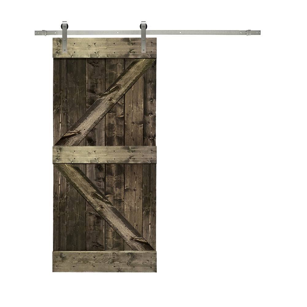 36 in. x 84 in. Gray Stained Knotty Pine Wood Interior Sliding Barn Door with Hardware Kit W7201