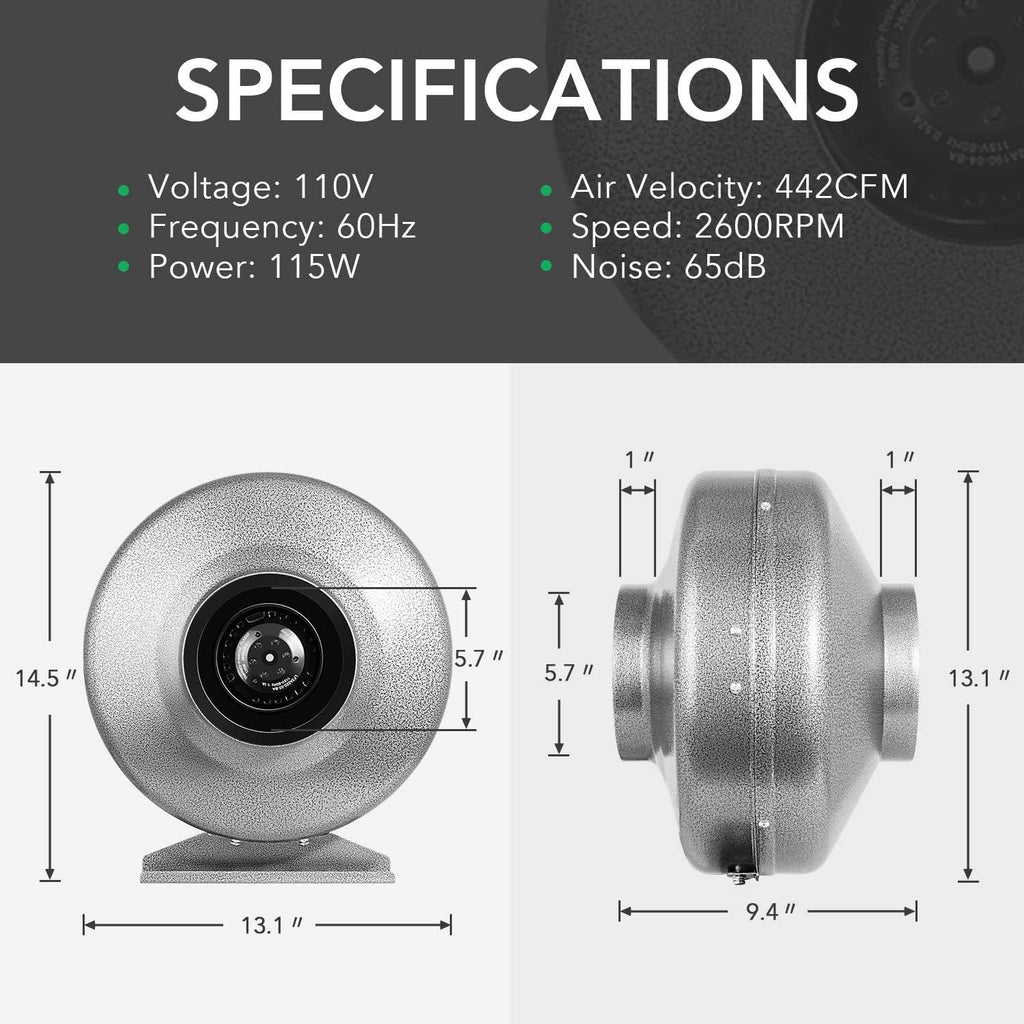 6 Inch 442 CFM Inline Fan Carbon Filter 16 Feet Ducting Combo with Variable Speed Controller Rope Hanger Temperature Humidity Monitor G738