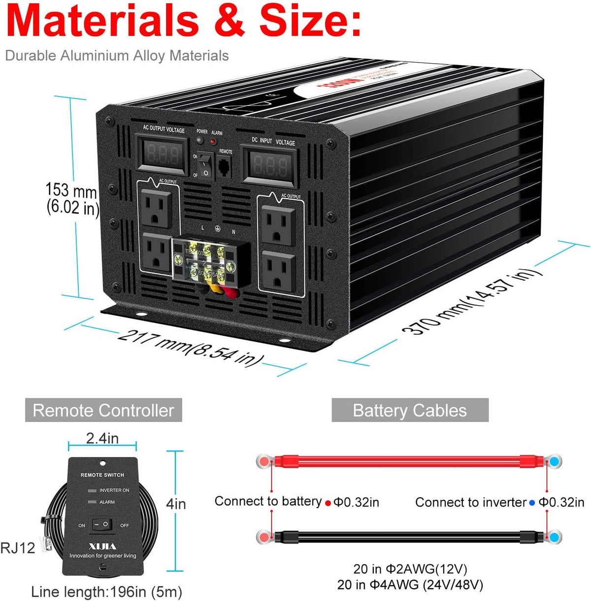 1500W Pure Sine Wave Power Inverter DC 12V AC 120V P165