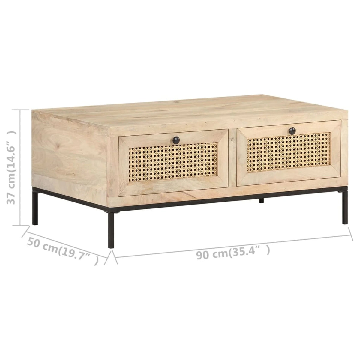 Mango Wood and Natural Cane Coffee Table with 2 Storage Drawers F181