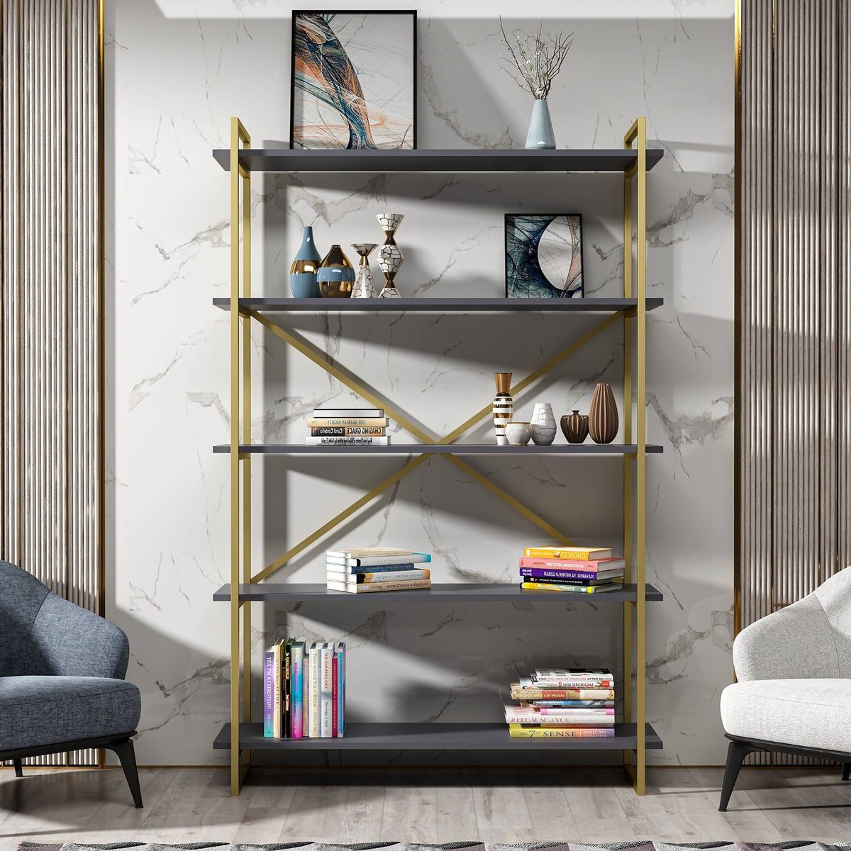 Modern Bookcase Anthracite Gold G65176