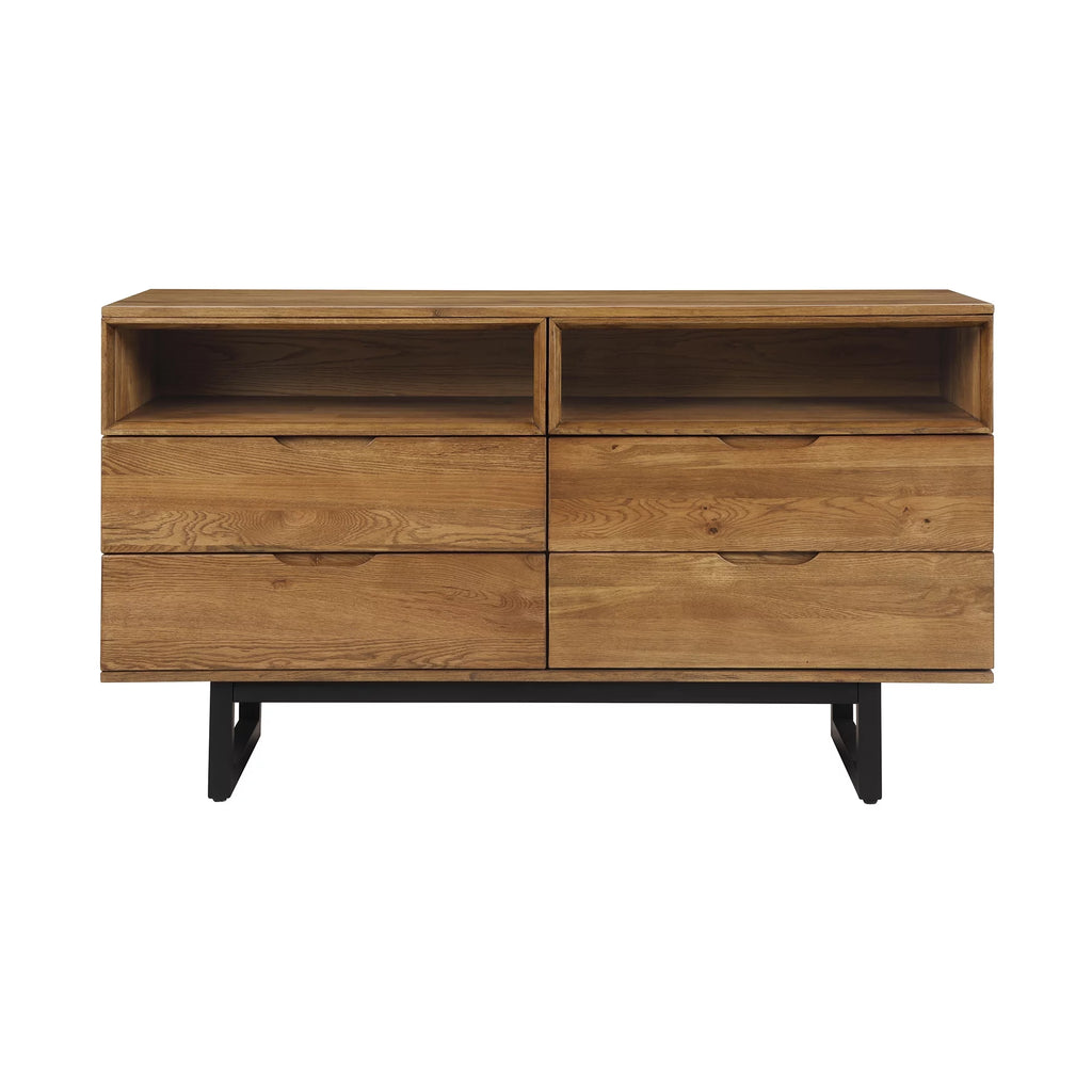 Brown Oak Wood 4 Drawer Dresser with Black Metal Legs M2675