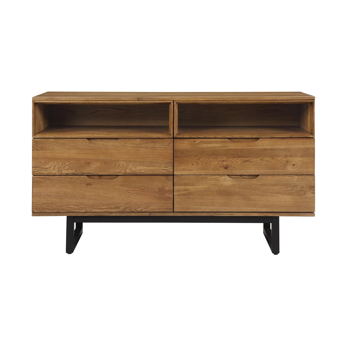 Brown Oak Wood 4 Drawer Dresser with Black Metal Legs M2675