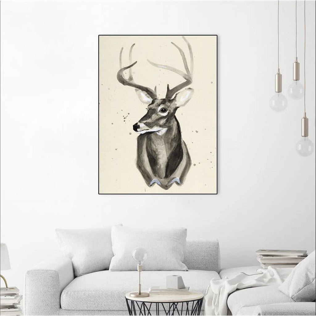 Canvas 24x32 Watercolor Deer Head 3 Framed in Multi-Color T526
