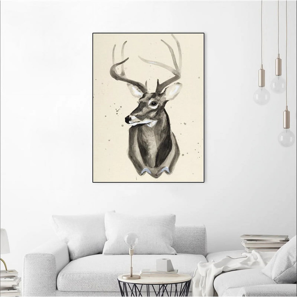 Canvas 24x32 Watercolor Deer Head 3 Framed in Multi-Color T526