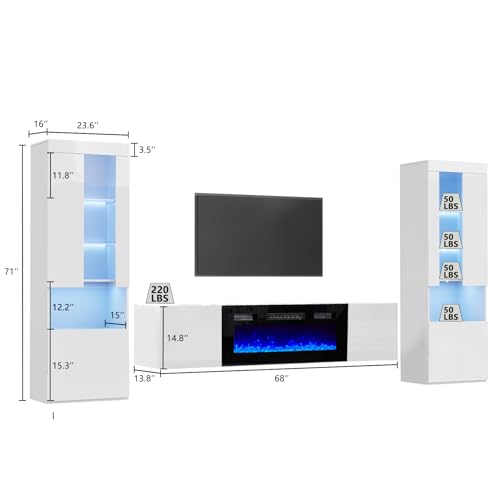 White High Gloss Entertainment Center with LED Lights, 40" Electric Fireplace, 2 Bookcases with Glass Doors B335557