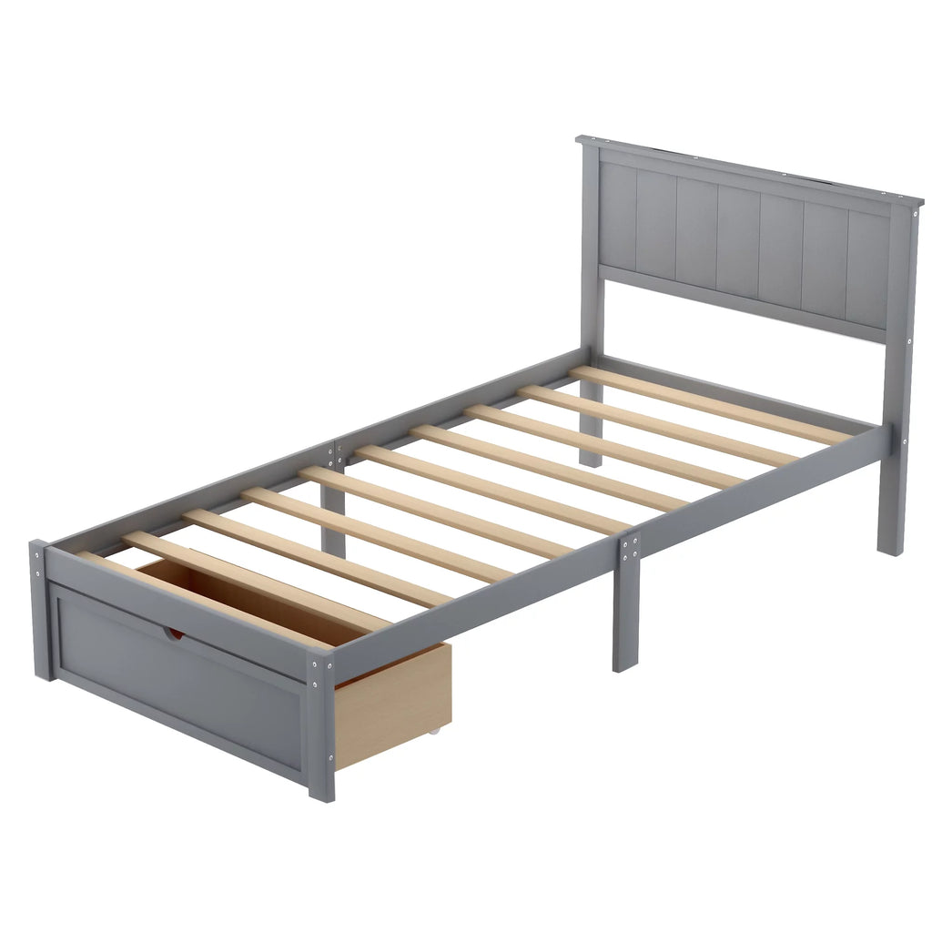 Twin Wood Platform Bed with Headboard & Storage Drawer A459039