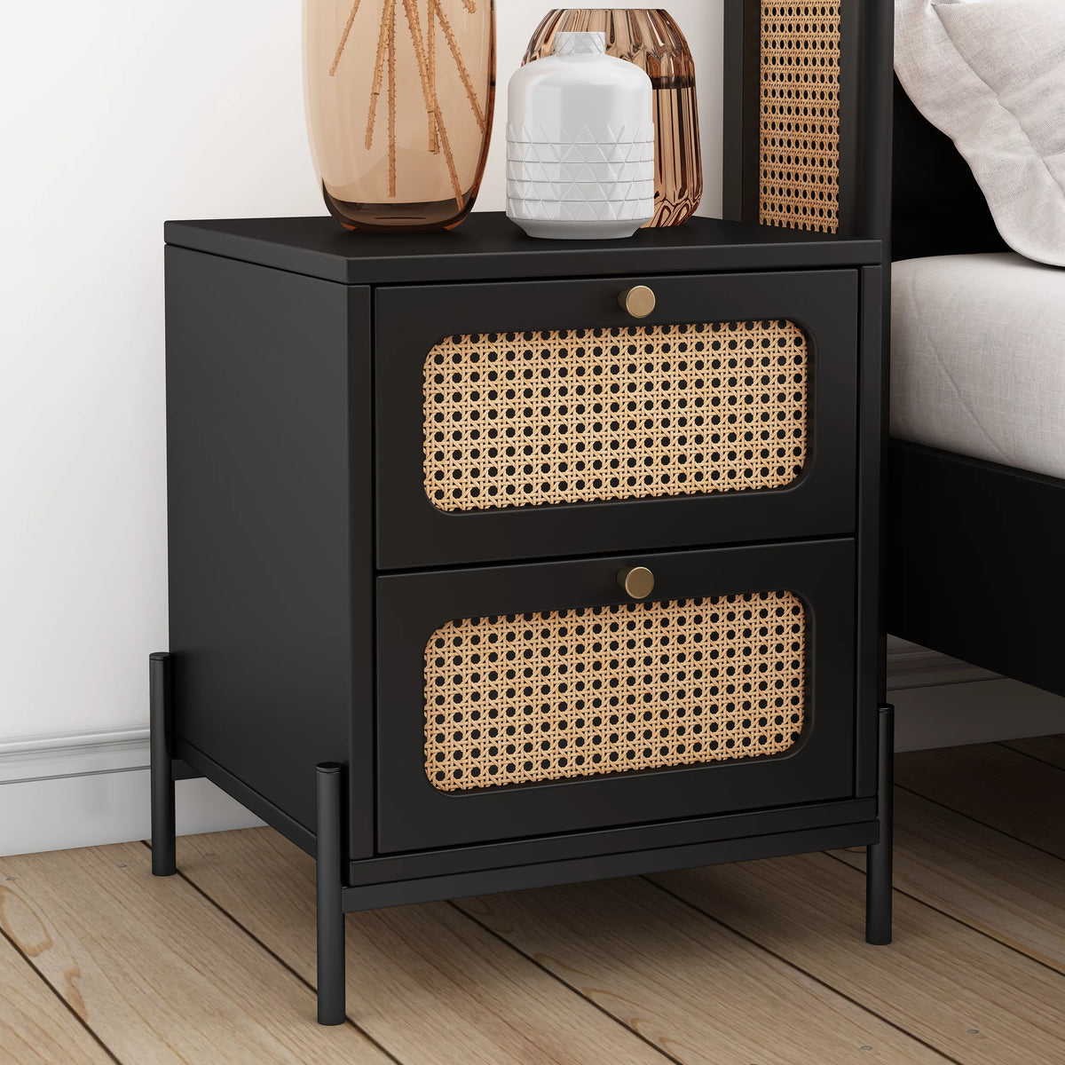 2-Drawer Walnut Wood Side Table M804