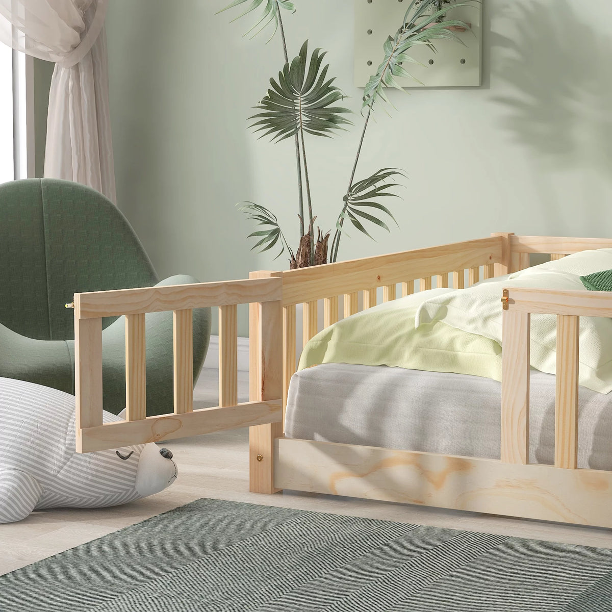 Full Size Wood Floor Bed with Fence Railings M56426
