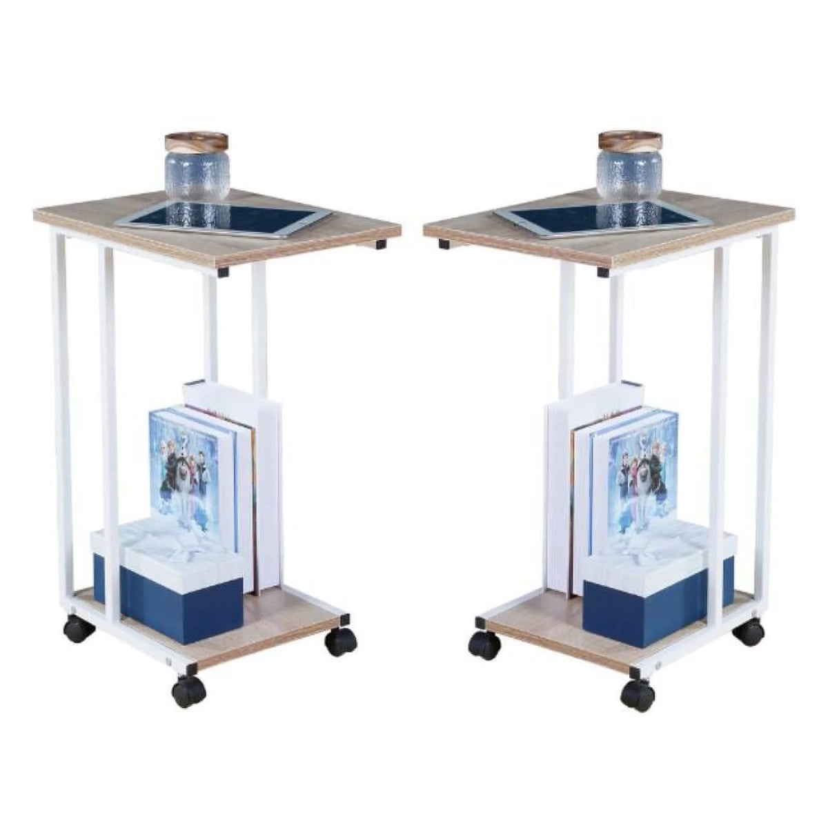 Oak White Wood Metal End C Table Set of 2 V3627
