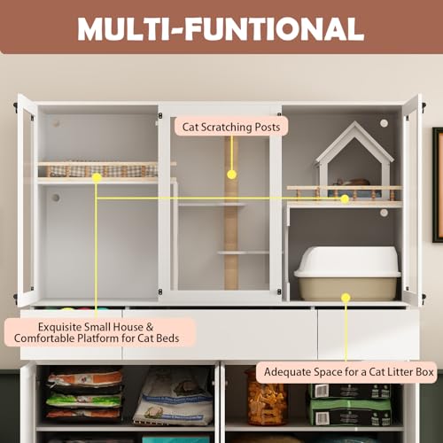 White Cat Litter Box Enclosure with Scratch Post, Stairs, Storage Drawers, Shelves, Sisal Doors E28383