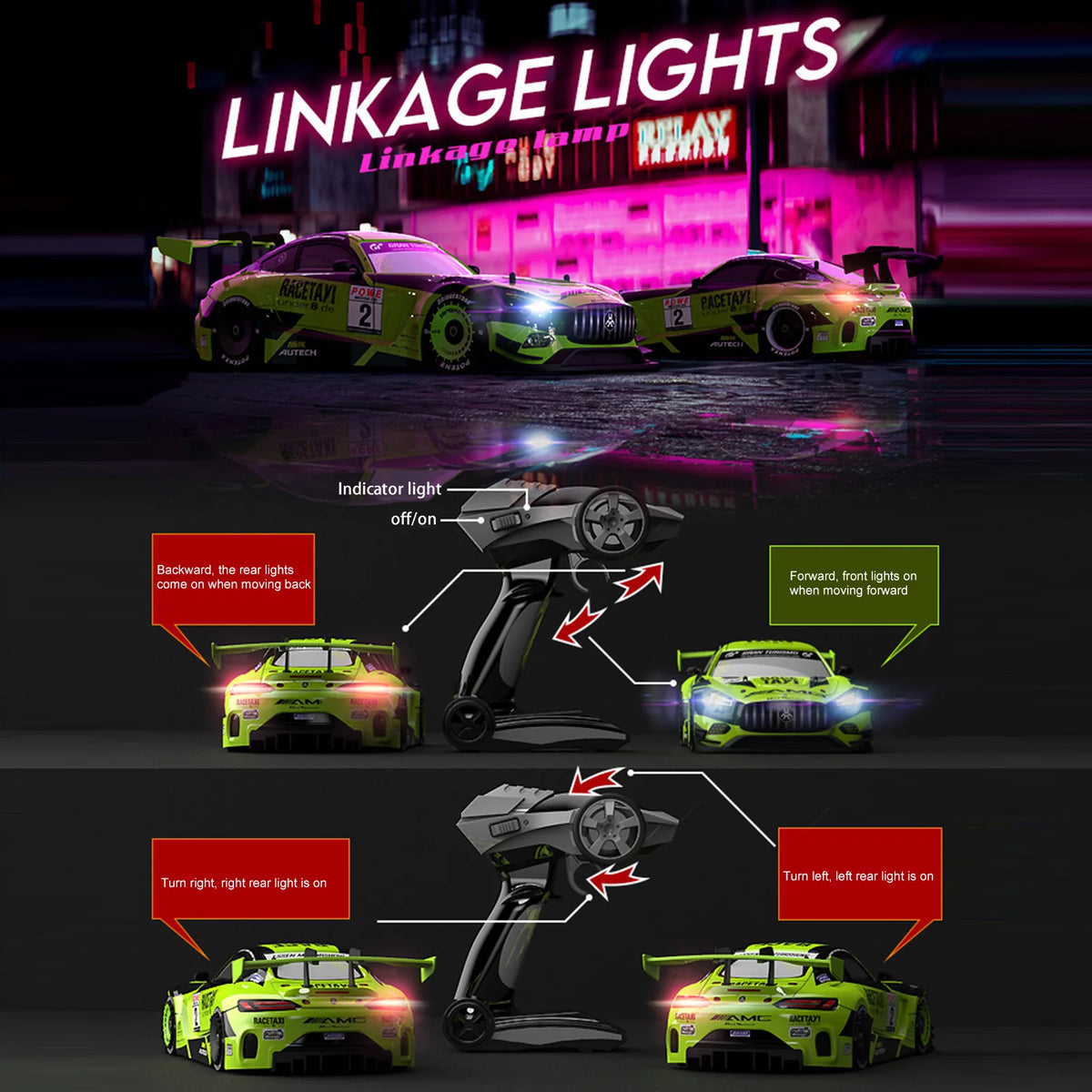 1/16 4WD RC Drift Car with LED Light 4 Replaceable Tires V44588