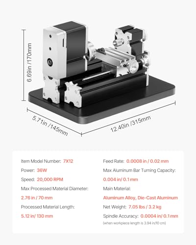 Mini Metal Lathe Machine, 2.76 x 5.12 in, 36W Power, 20,000 RPM Speed, with 3-jaw Chuck, Aluminum Alloy Handwheel L505134