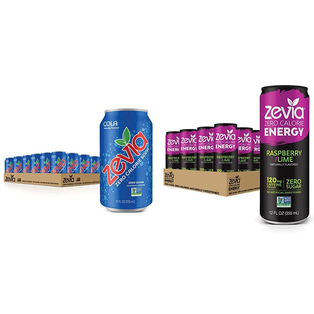 Zero Calorie Soda Cola 12 Ounce Cans Pack of 24 and Zero Calorie Energy Drink Raspberry Lime 12 Ounce Cans Pack of 12 U64361