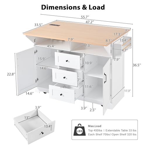 Black Kitchen Island with 2 Drop Leaf, 3 Drawers, Storage Cabinet X504760
