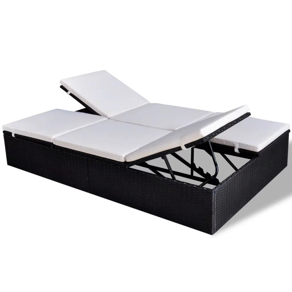 Double Chaise Lounge Chair 2-Person Poly Rattan Sun Lounger with Adjustable Cushion E867907