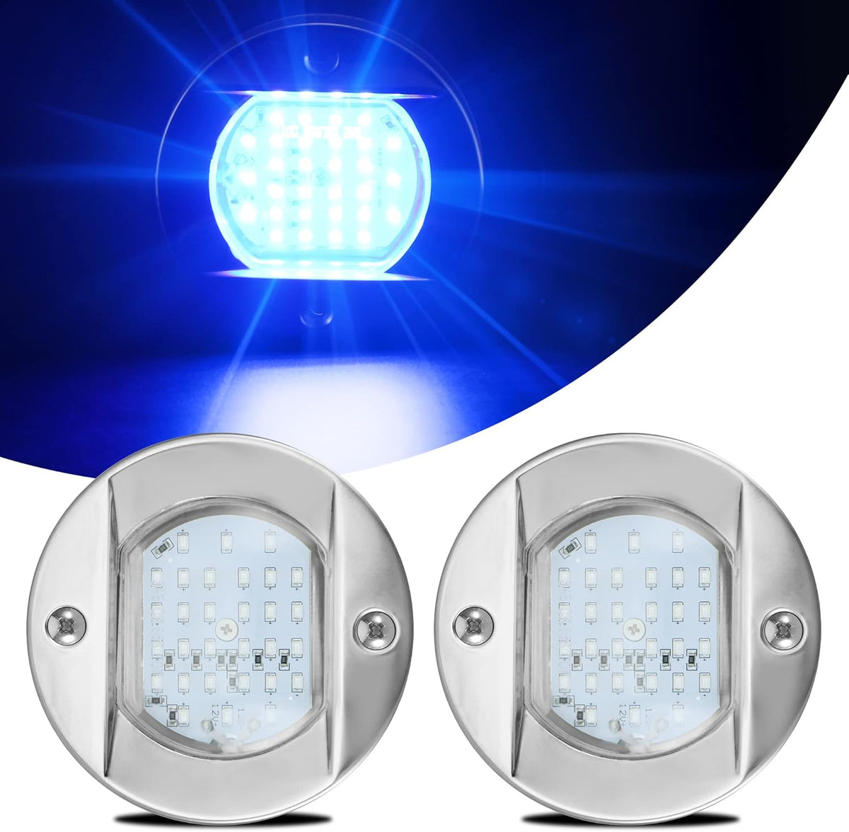 4 Round Marine Courtesy Indicator Lights, 1800LM 30LED IP68 Boat Transom Light Surface Mount Waterproof, 316 Stainless Steel, 2Pcs Cool White L241302
