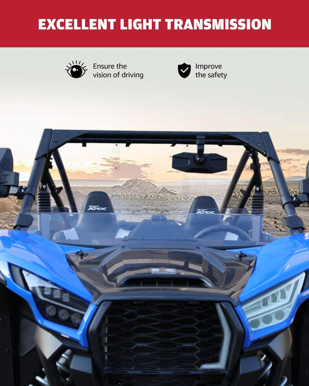 Front Half Windshield for Kawasaki Teryx KRX 1000, Clear Hard Coated Vented Polycarbonate Windscreen V3949