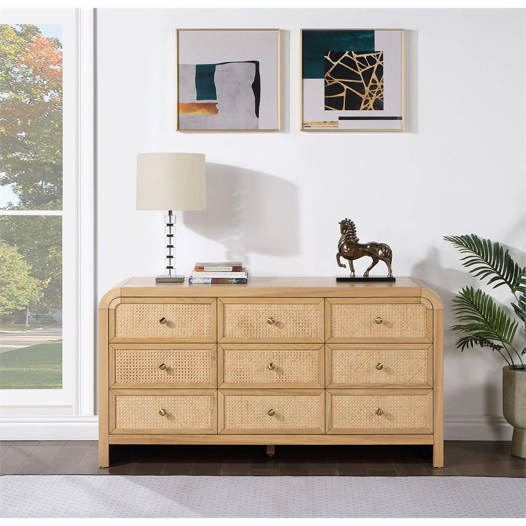 Brown 9-Drawer Rattan Wood Dresser T2707