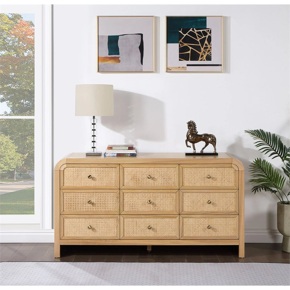 Brown 9-Drawer Rattan Wood Dresser T2707