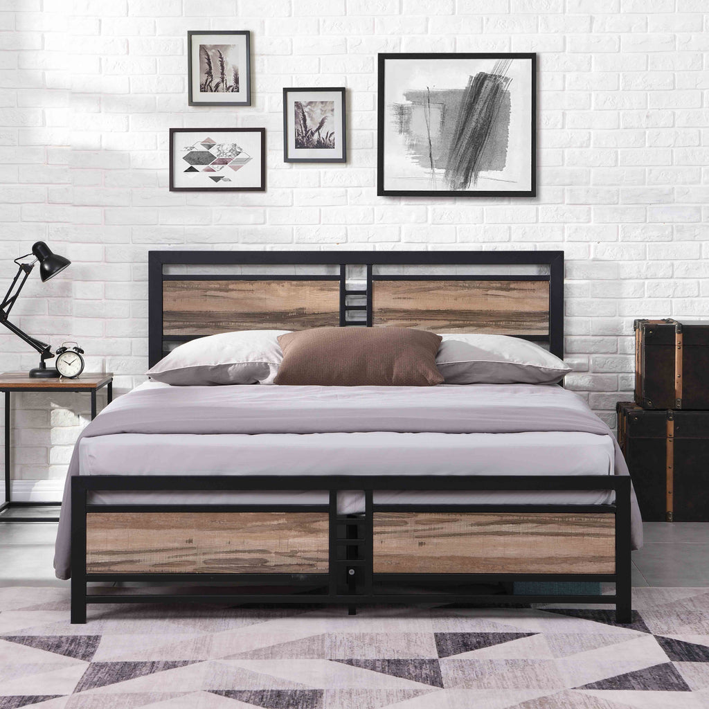 Queen Size Metal Platform Bed Frame with Wood Headboard and Footboard G476403