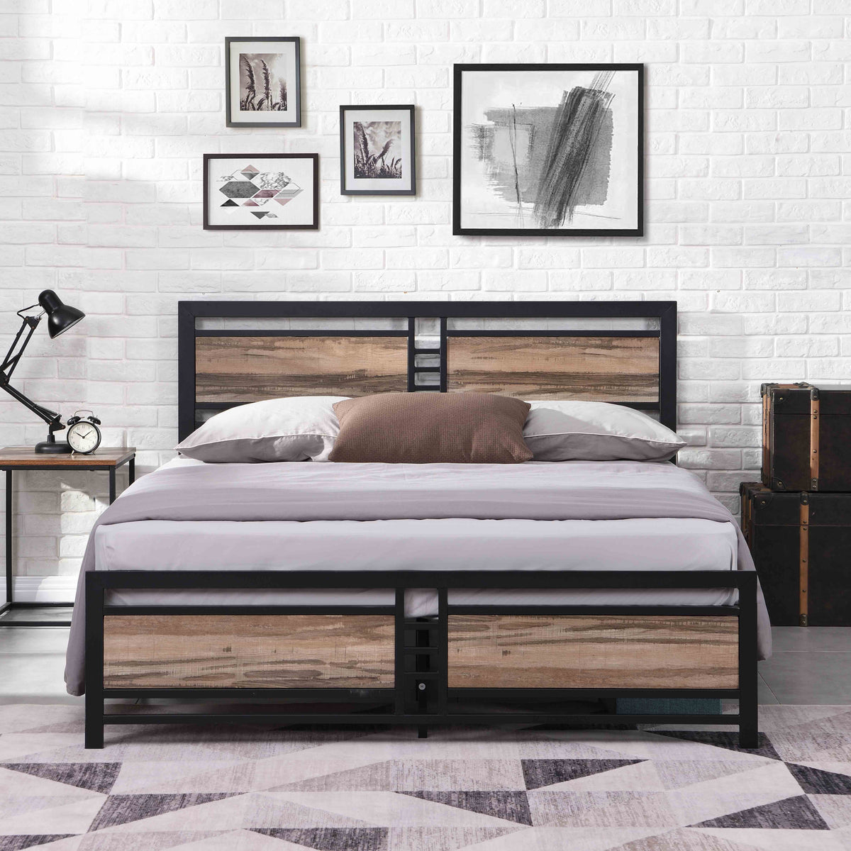 Queen Size Metal Platform Bed Frame with Wood Headboard and Footboard G476403