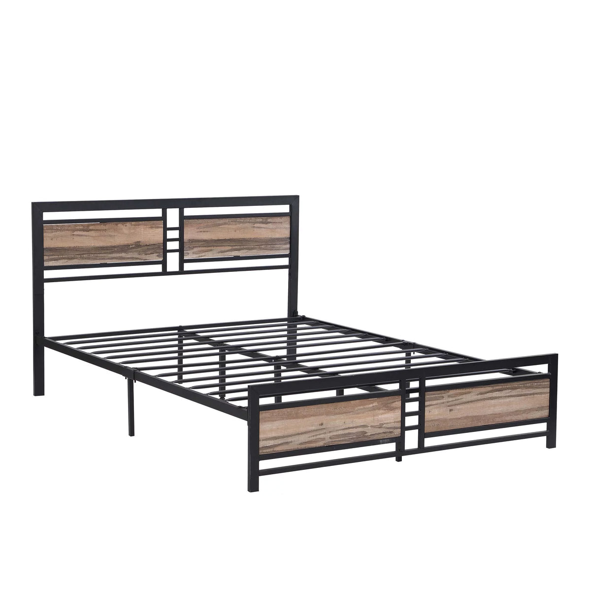 Queen Size Metal Platform Bed Frame with Wood Headboard and Footboard G476403