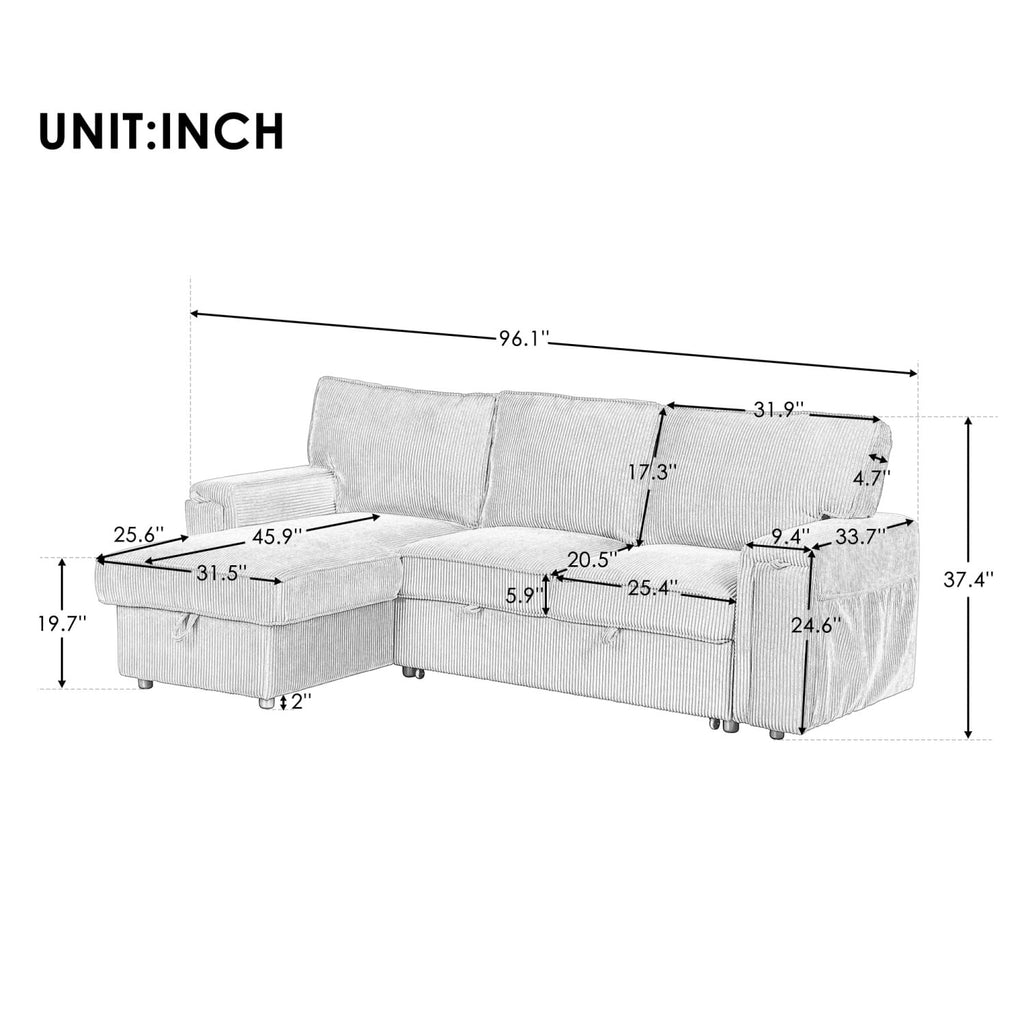 5 Seat Corduroy Fabric Sleeper Sectional Sofa with Storage Ottomans E2335