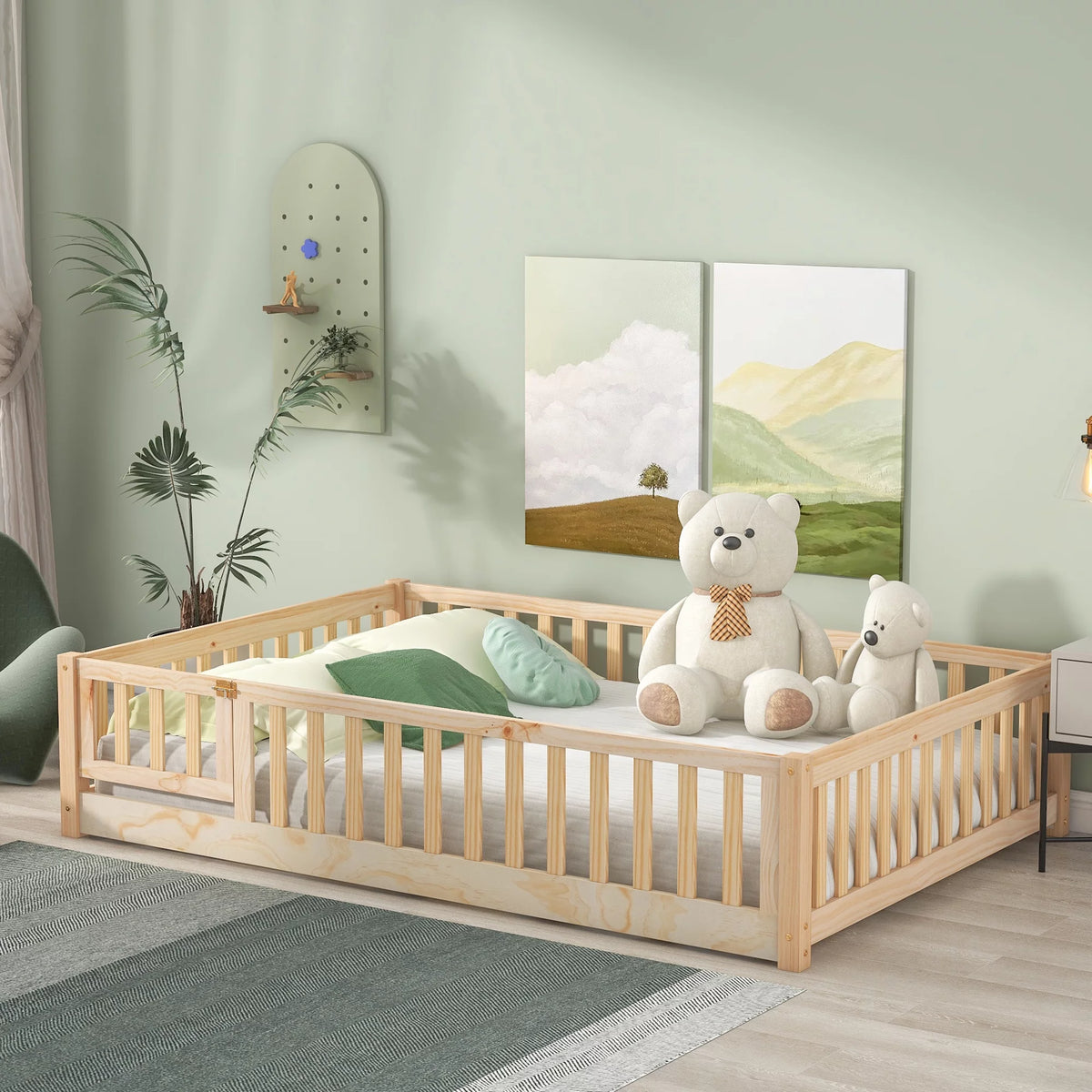 Full Size Wood Floor Bed with Fence Railings M56426
