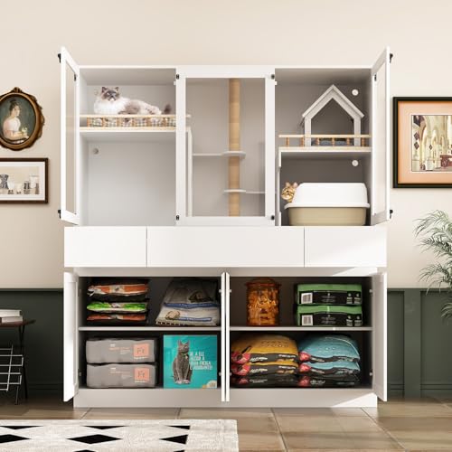 White Cat Litter Box Enclosure with Scratch Post, Stairs, Storage Drawers, Shelves, Sisal Doors E28383