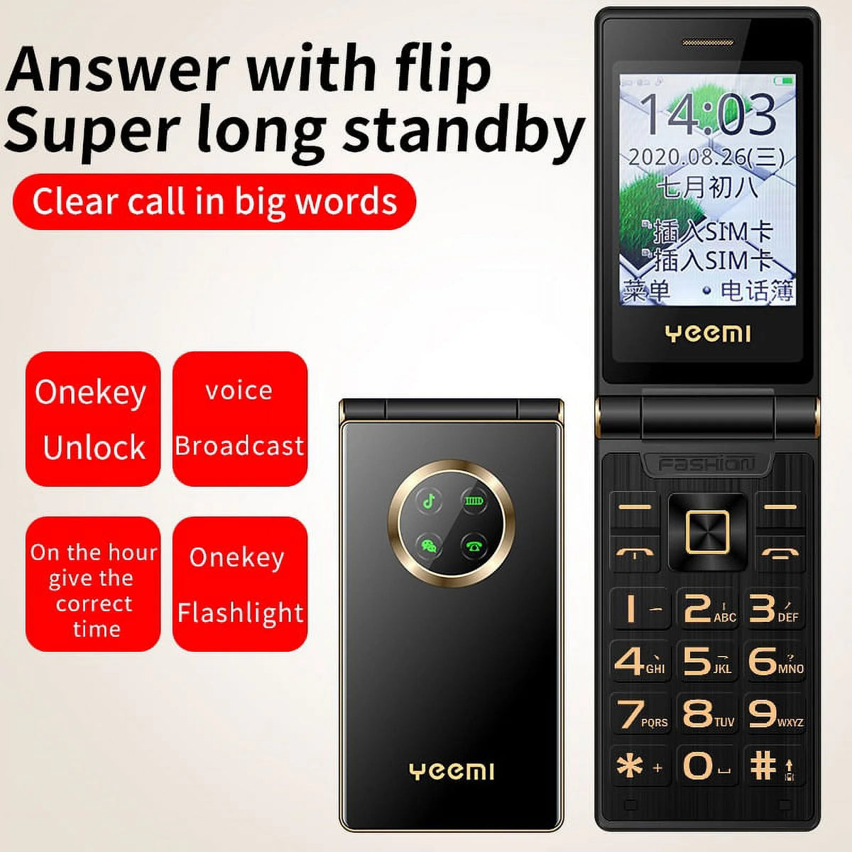 Black GSM Flip Cellphone with SOS Call, Speed Dial, Flashlight, Large Key V6904