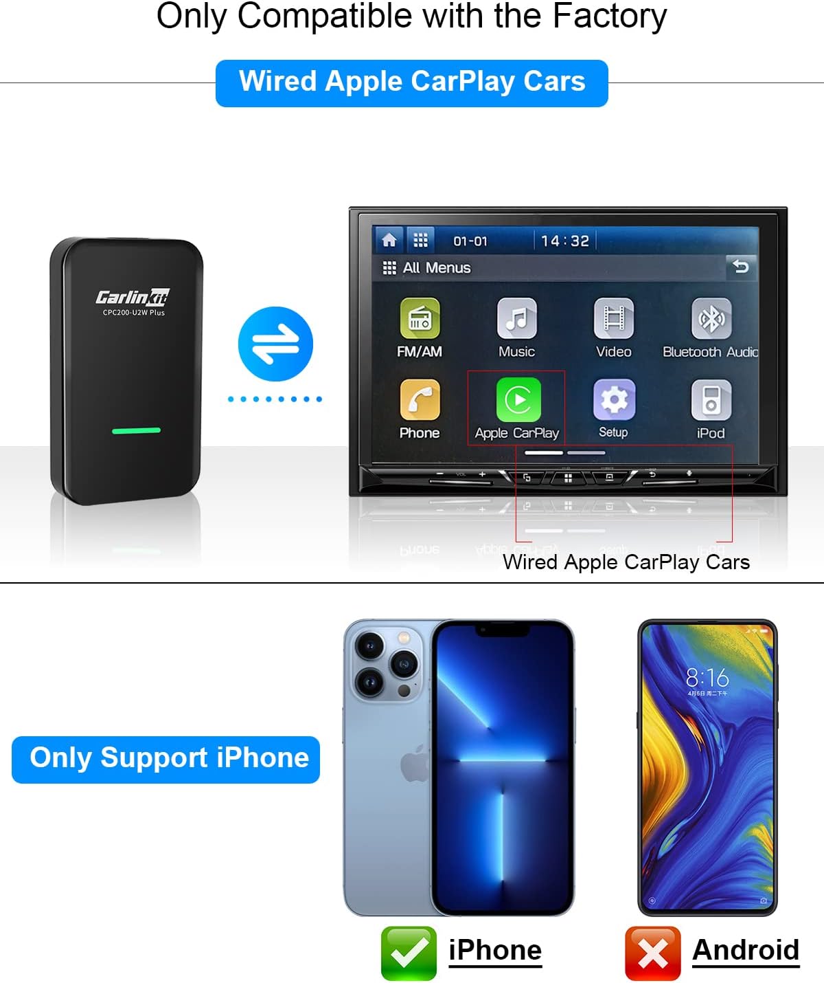 Wireless CarPlay Adapter with 2 USB Cables E394224