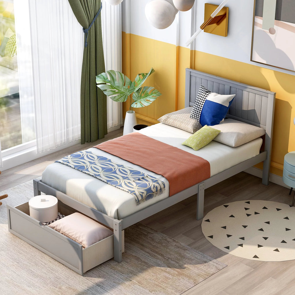Twin Wood Platform Bed with Headboard & Storage Drawer A459039