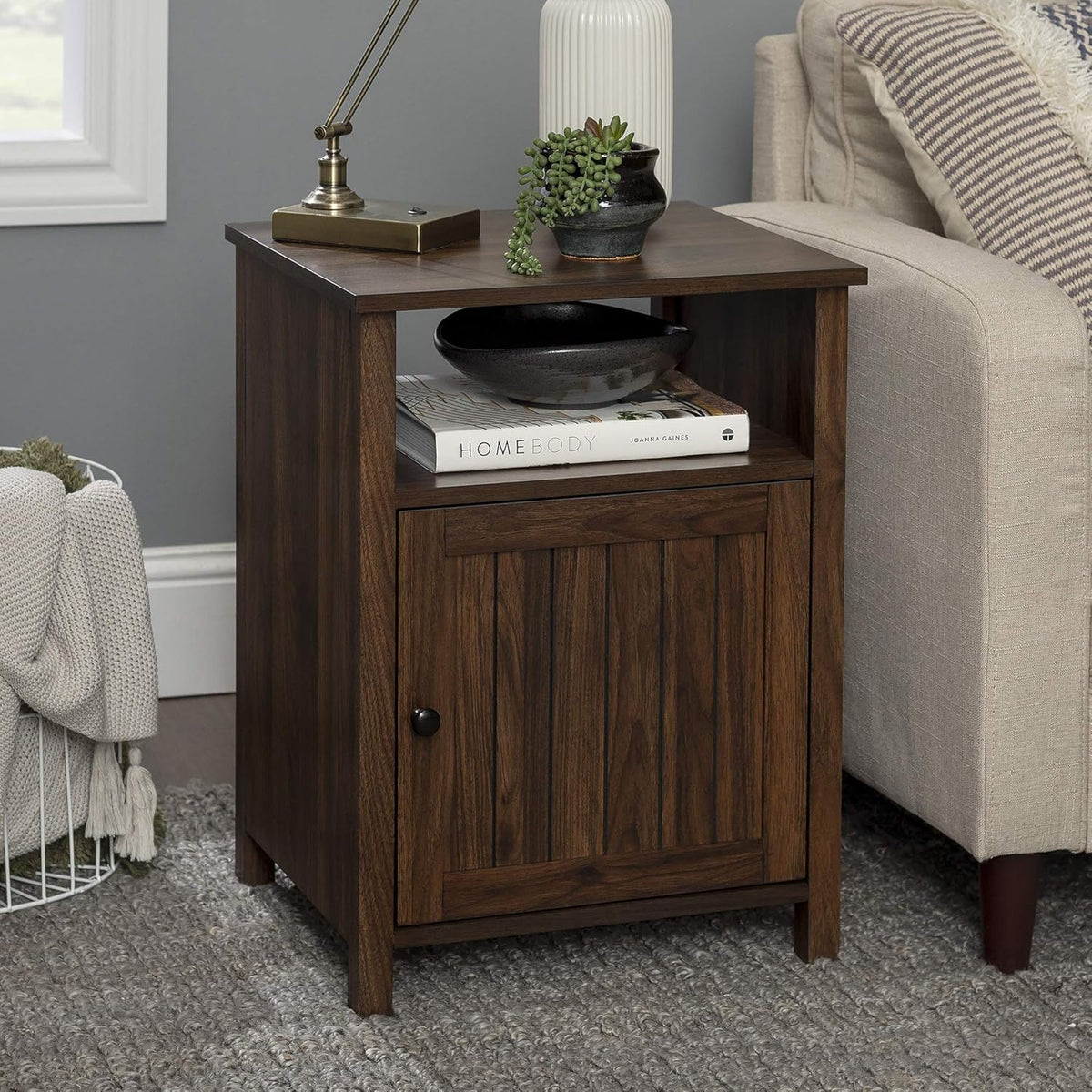 Rustic Oak Wood Side Accent Table with Cabinet Door Z13177