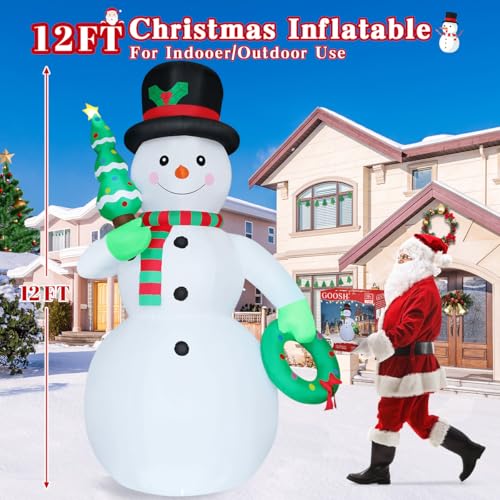 12 FT Christmas Inflatable Snowman with Christmas Tree & Wreath Built-in LEDs E365
