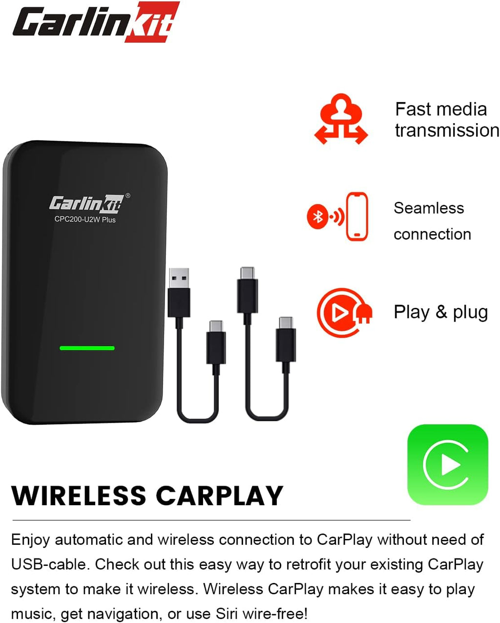Wireless CarPlay Adapter with 2 USB Cables E394224
